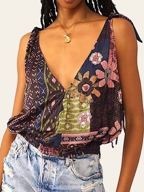 Free People Tied To You Tank Moss Floral Tie Strap Surplice Top Large